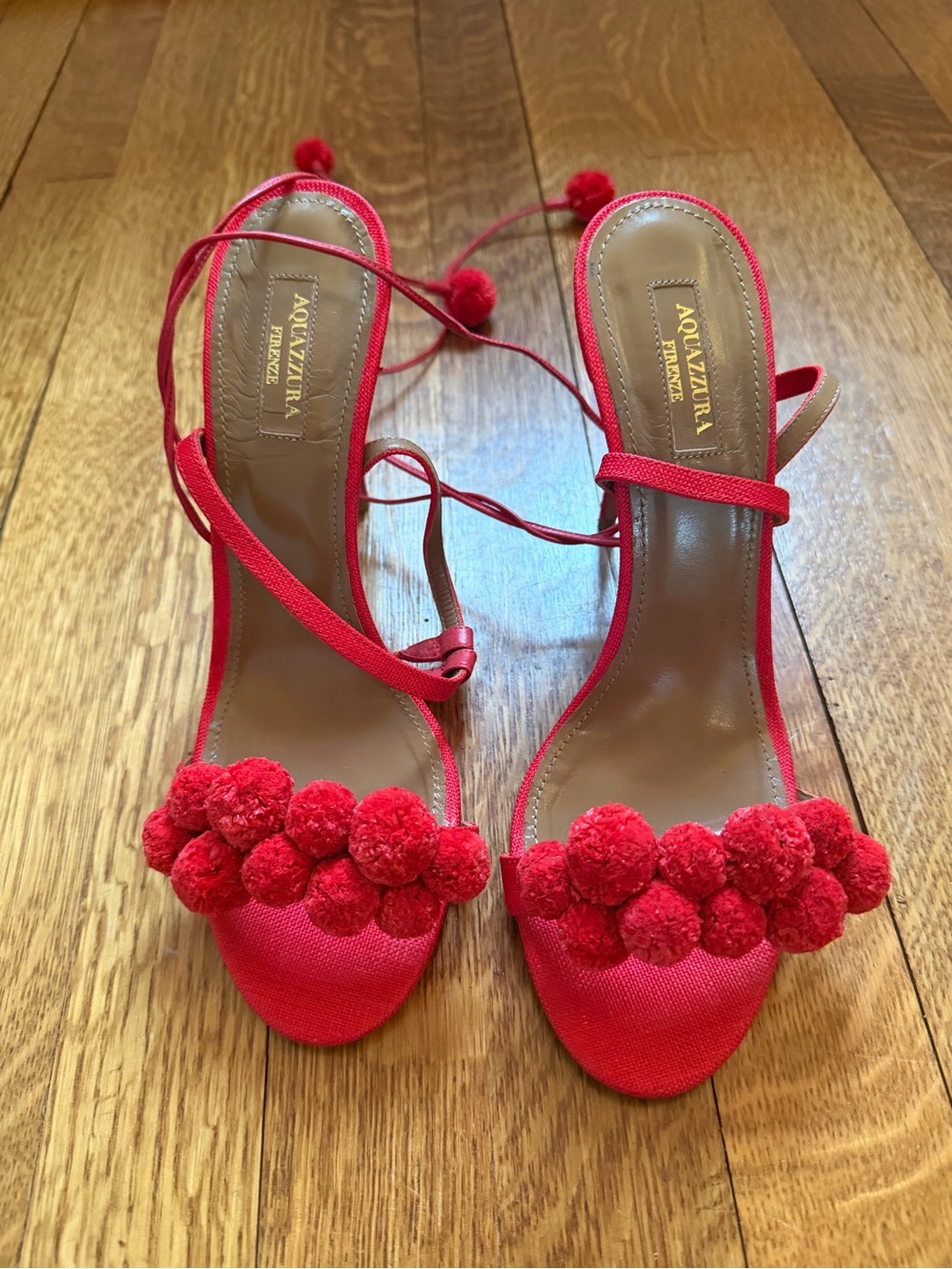 Aquazzura Red Pom-Pom Lace-Up Sandals